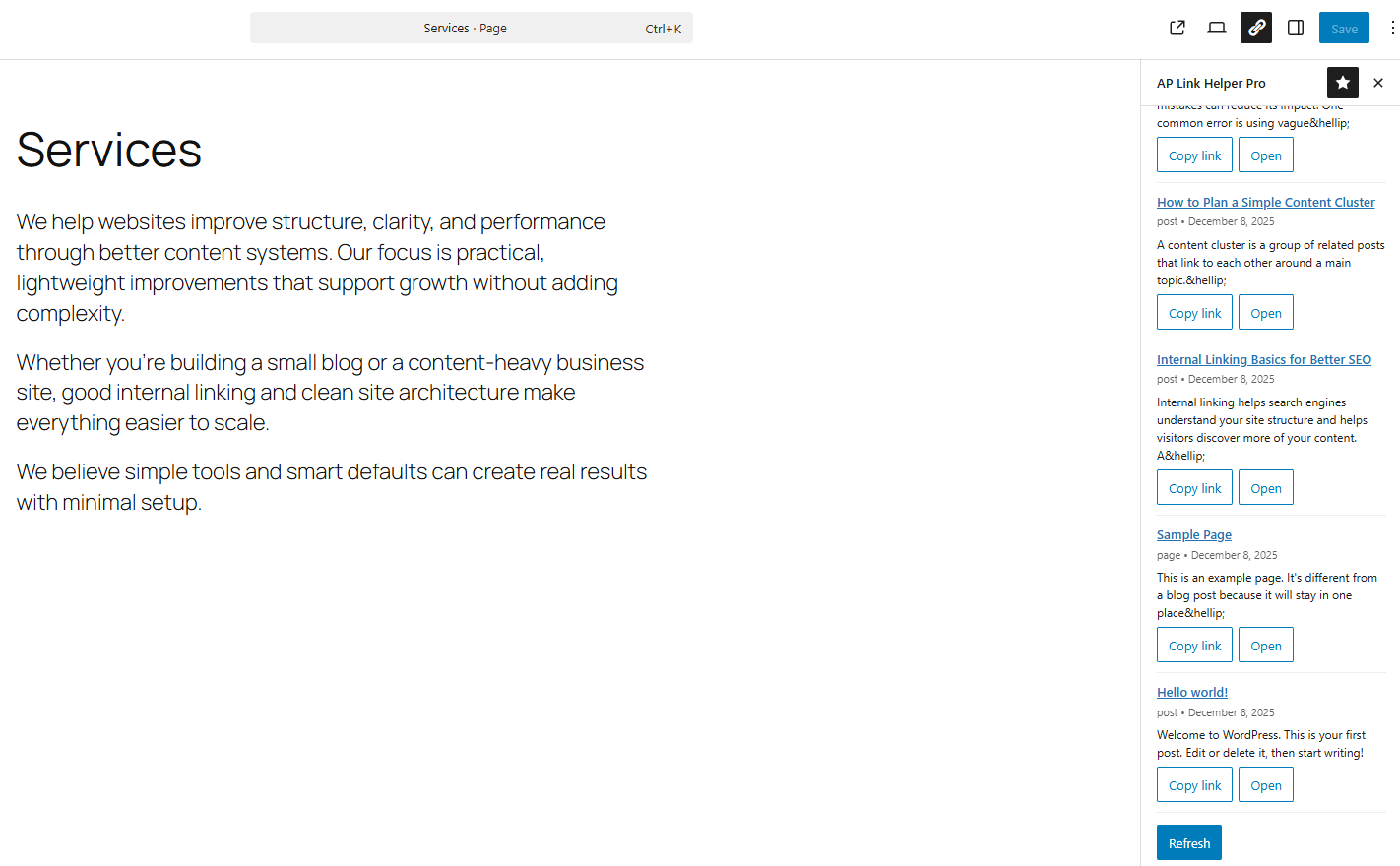 AP Internal Linking Helper sidebar in the editor